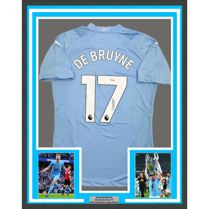 Framed Autographed/Signed Kevin De Bruyne 35x39 Manchester City Blue Soccer Futbol Jersey Beckett BAS COA