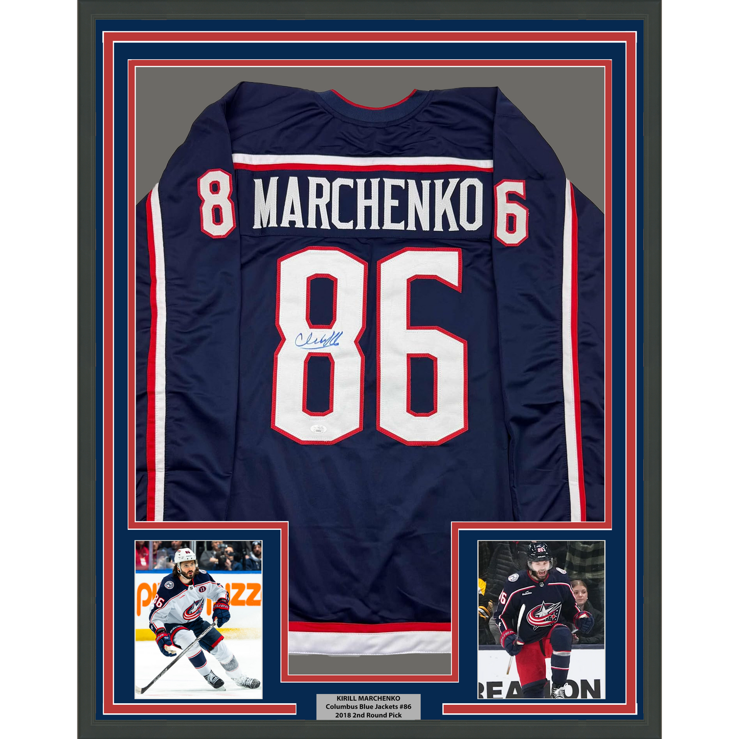 Framed Autographed/Signed Kirill Marchenko 35x39 Columbus Blue Hockey Jersey JSA COA