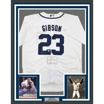 Framed Autographed/Signed Kirk Gibson 35x39 Detroit Tigers White Baseball Jersey Fanatics COA