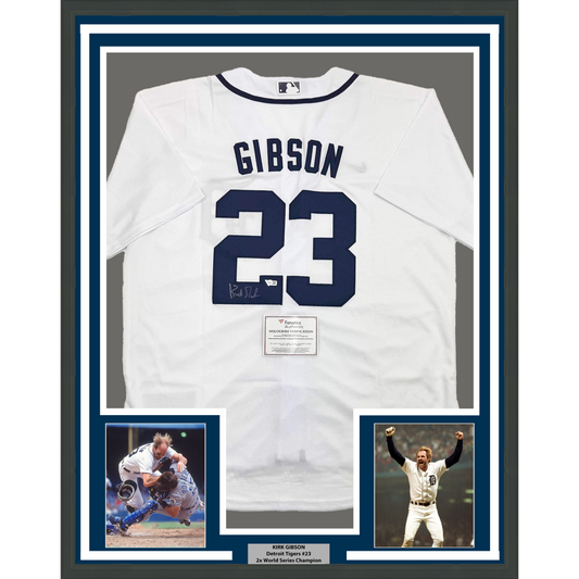 Framed Autographed/Signed Kirk Gibson 35x39 Detroit Tigers White Baseball Jersey Fanatics COA