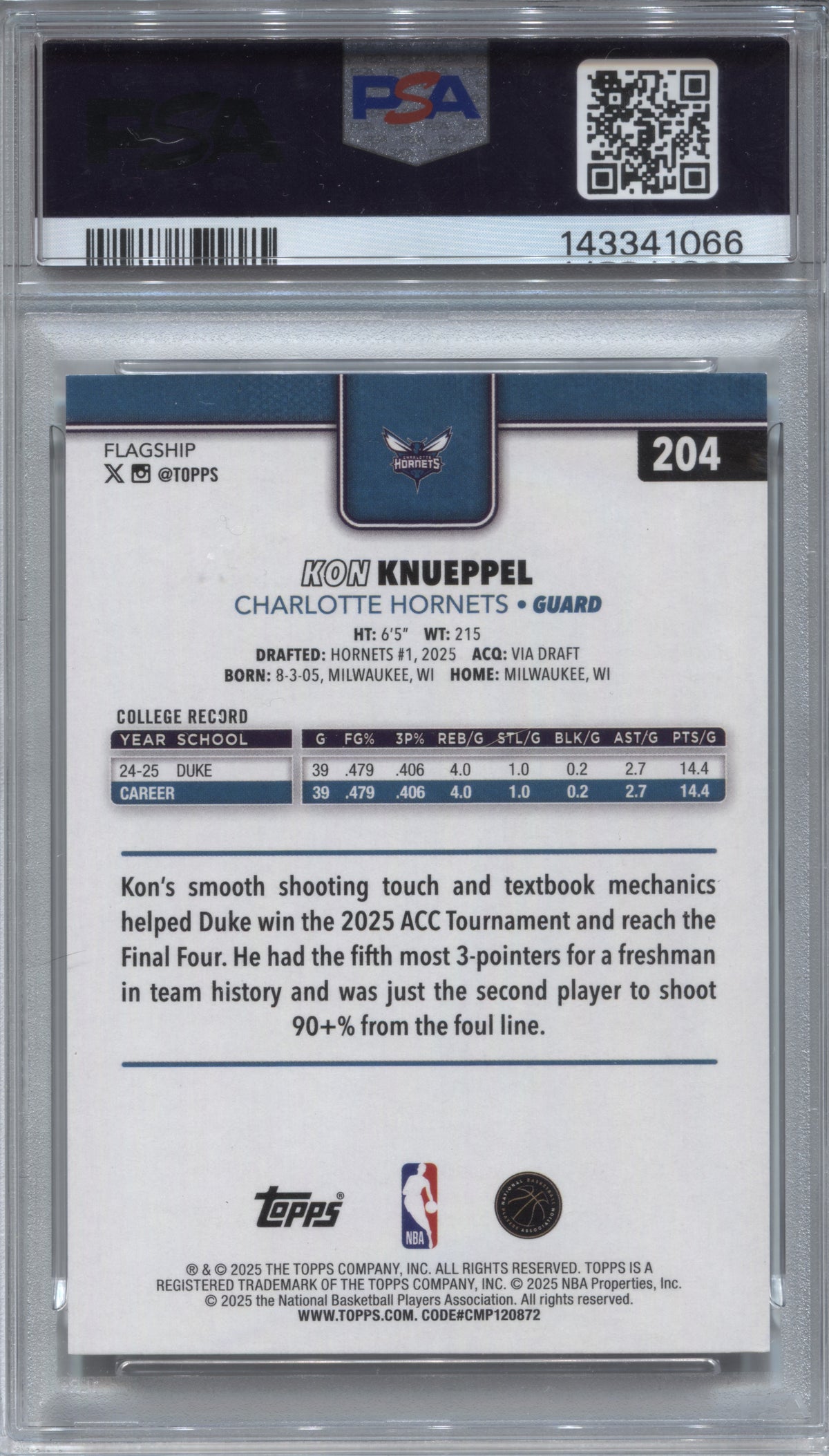 2025-26 Topps Kon Knueppel Rookie RC #204 PSA 10 Charlotte Hornets