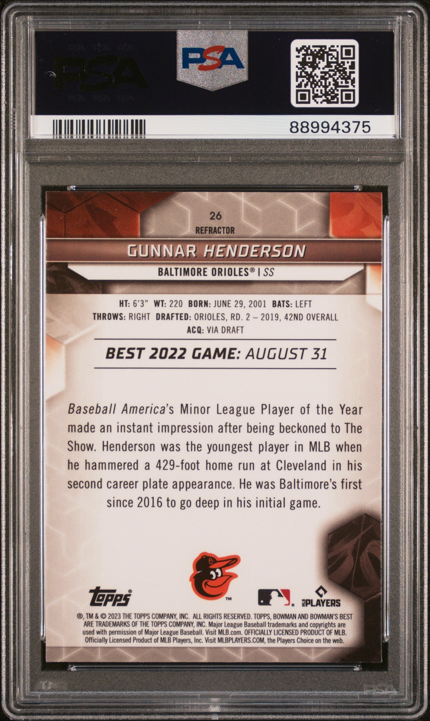 Graded 2023 Topps Bowmans Best Gunnar Henderson #26 Refractor Rookie RC Baseball Card PSA 10 Gem Mint