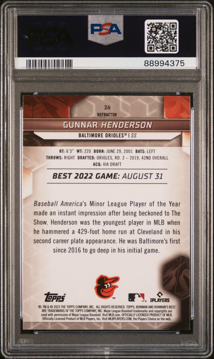 Graded 2023 Topps Bowmans Best Gunnar Henderson #26 Refractor Rookie RC Baseball Card PSA 10 Gem Mint