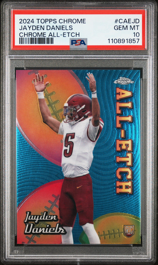 Graded 2024 Topps Chrome Jayden Daniels #CAEJD Chrome All Etch Rookie RC Football Card PSA 10 Gem Mint