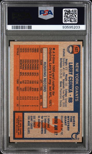 Graded 1976 Topps Larry Csonka #437 Football Card PSA 6 EX-MT