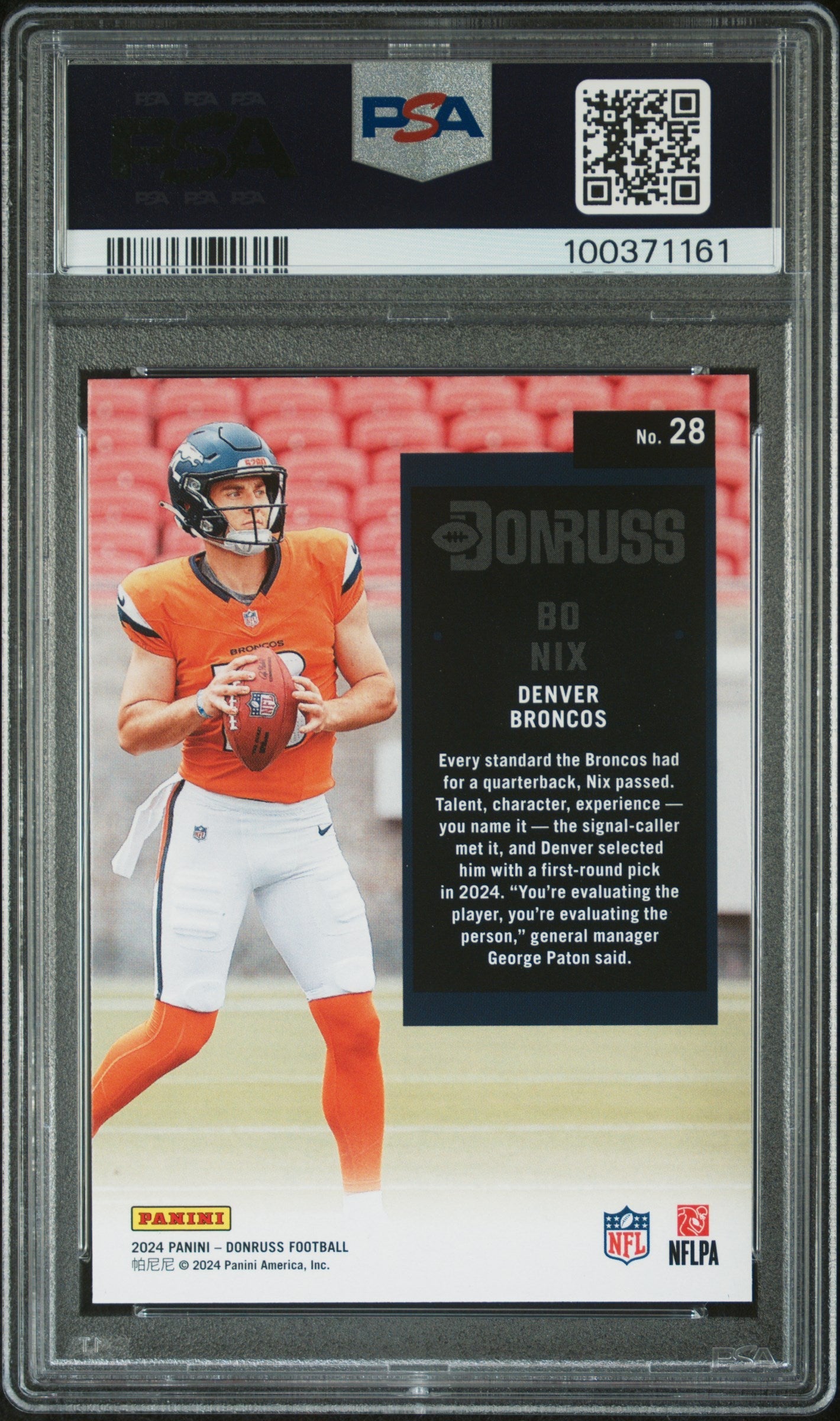 Graded 2024 Panini Donruss Bo Nix #28 Retro 1994 Rookie RC Football Card PSA 10 Gem Mint