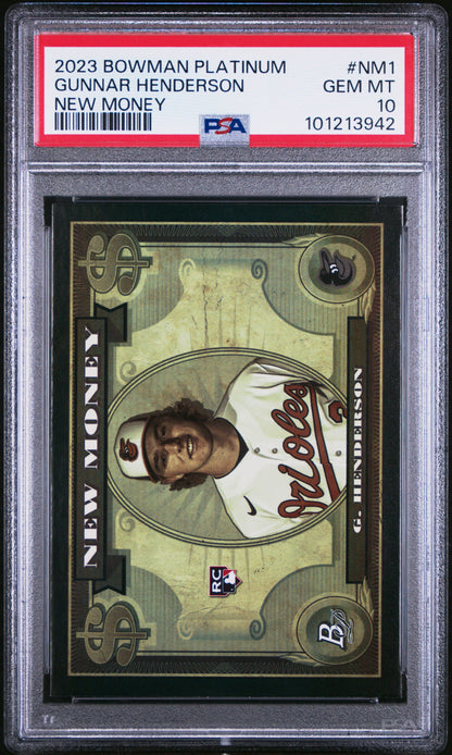 Graded 2023 Topps Bowman Platinum Gunnar Henderson #NM1 New Money Rookie RC Baseball Card PSA 10 Gem Mint