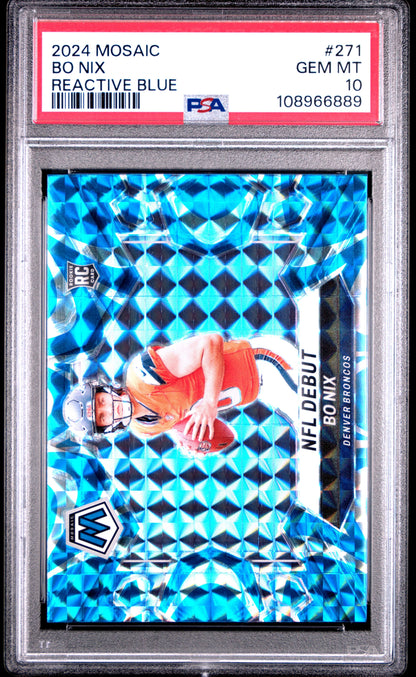 Graded 2024 Panini Mosaic Bo Nix #271 Reactive Blue Rookie RC Football Card PSA 10 Gem Mint
