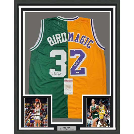 Framed Autographed/Signed Larry Bird & Magic Johnson 35x39 Dual Basketball Jersey JSA COA