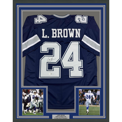 Framed Autographed/Signed Larry Brown 35x39 Dallas Blue Football Jersey Beckett BAS COA
