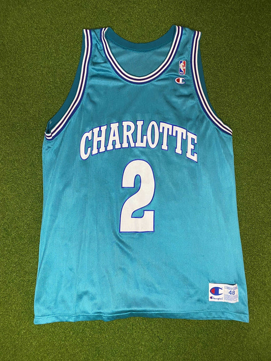 90s Charlotte Hornets - Larry Johnson #2 - Champion - Vintage NBA Jersey (48)