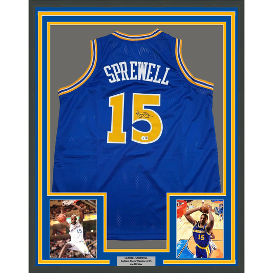Framed Autographed/Signed Latrell Sprewell 35x39 Golden State Blue Basketball Jersey Beckett BAS COA