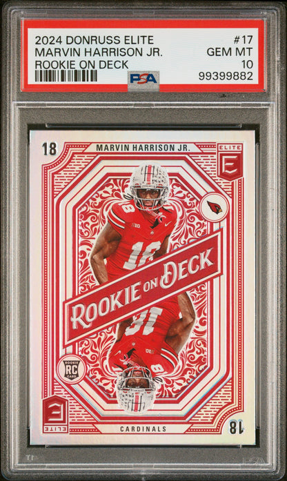 Graded 2024 Panini Donruss Elite Marvin Harrison Jr #17 Rookie On Deck Rookie RC Football Card PSA 10 Gem Mint