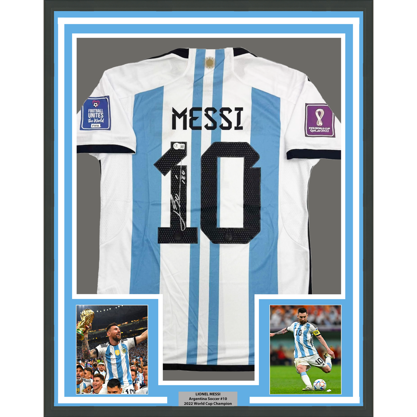 Framed Autographed/Signed Lionel Leo Messi 35x39 Argentina Blue/White Soccer Jersey Beckett BAS COA