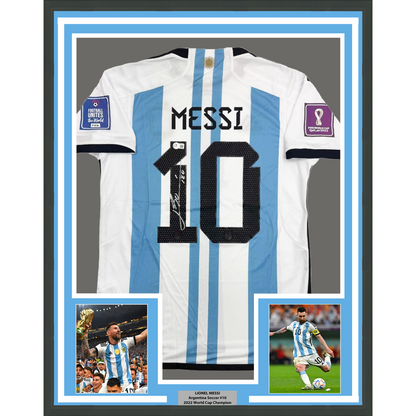 Framed Autographed/Signed Lionel Leo Messi 35x39 Argentina Blue/White Soccer Jersey Beckett BAS COA