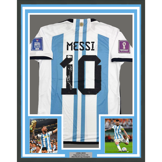 Framed Autographed/Signed Lionel Leo Messi 35x39 Argentina Blue/White Soccer Jersey Beckett BAS COA