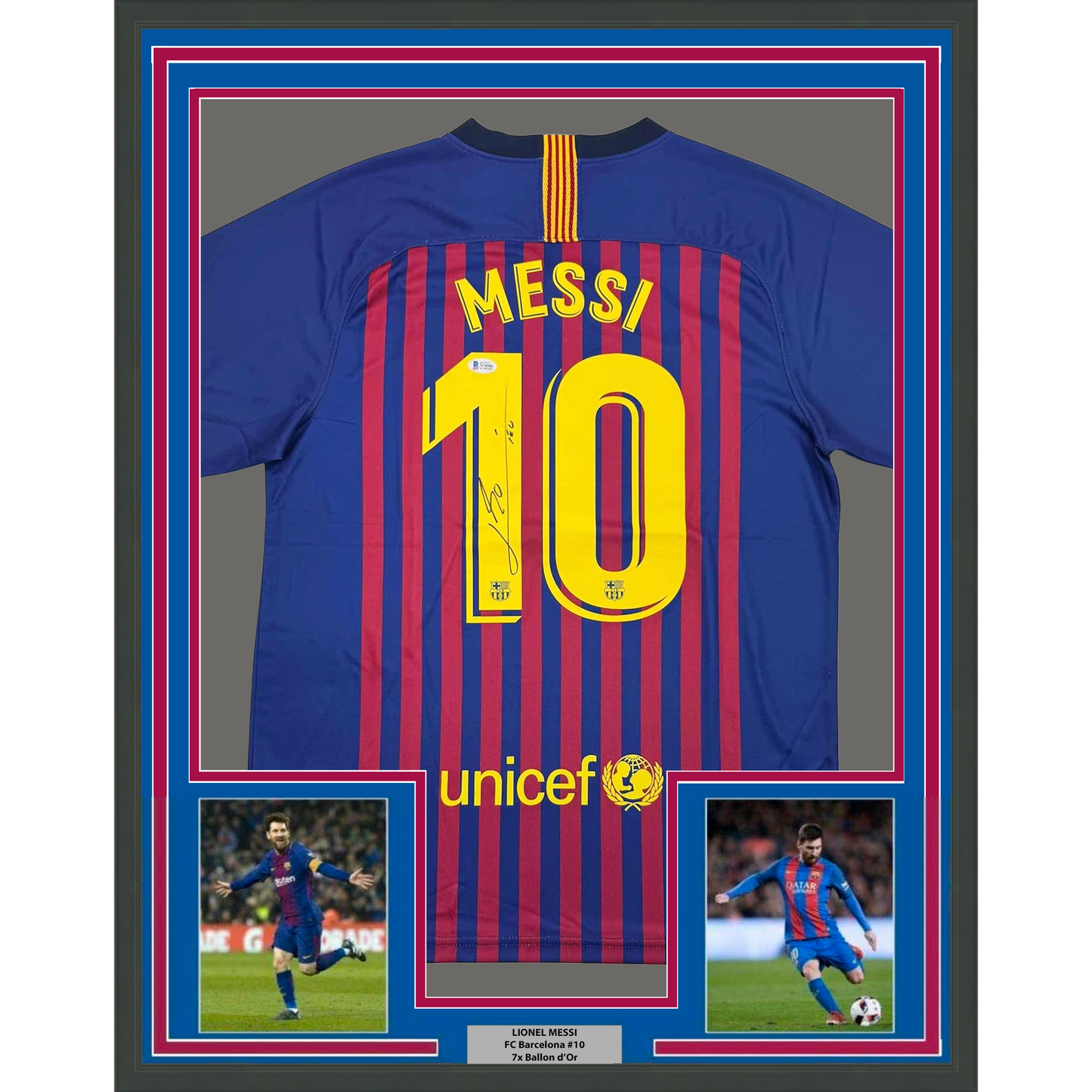Framed Autographed/Signed Lionel Leo Messi 35x39 FC Barcelona Soccer Jersey Beckett BAS COA