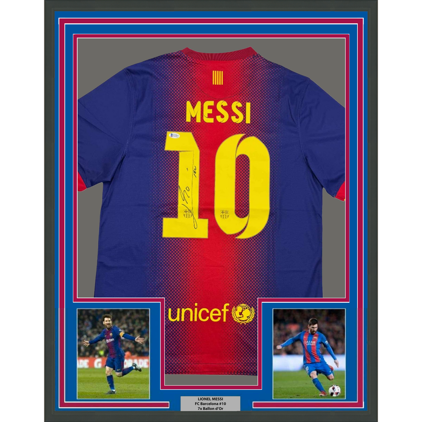 Framed Autographed/Signed Lionel Leo Messi 35x39 FC Barcelona Soccer Jersey Beckett BAS COA