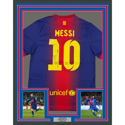 Framed Autographed/Signed Lionel Leo Messi 35x39 FC Barcelona Soccer Jersey Beckett BAS COA