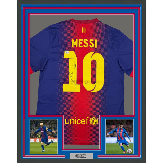 Framed Autographed/Signed Lionel Leo Messi 35x39 FC Barcelona Soccer Jersey Beckett BAS COA