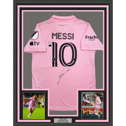 Framed Autographed/Signed Lionel Leo Messi 35x39 Inter Miami Pink Soccer Jersey Beckett BAS COA