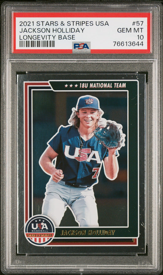 Graded 2021 Panini Stars & Stripes USA Jackson Holliday #57 Longevity Base Rookie RC Baseball Card PSA 10 Gem Mint