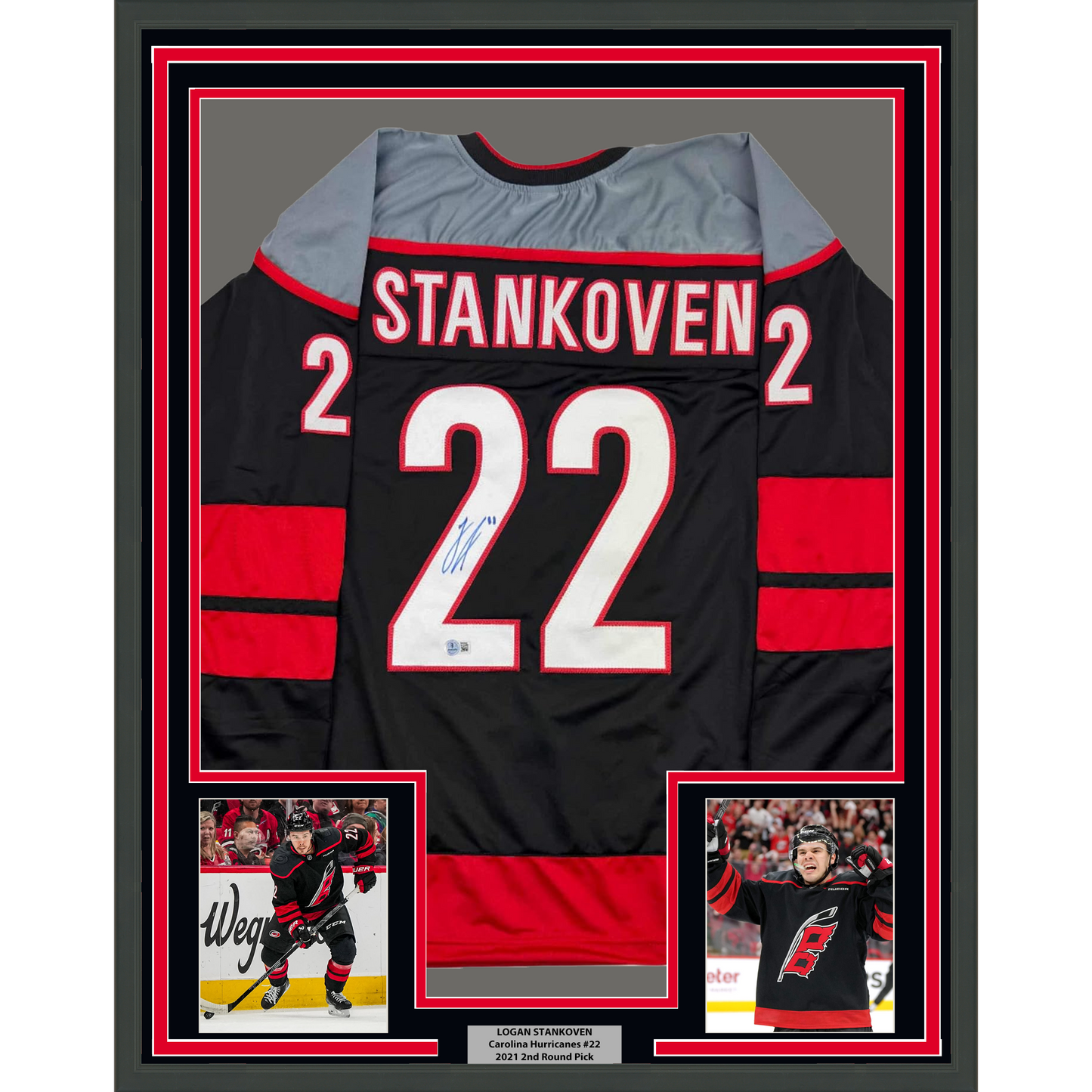 Framed Autographed/Signed Logan Stankoven 35x39 Carolina Black Hockey Jersey Beckett BAS COA