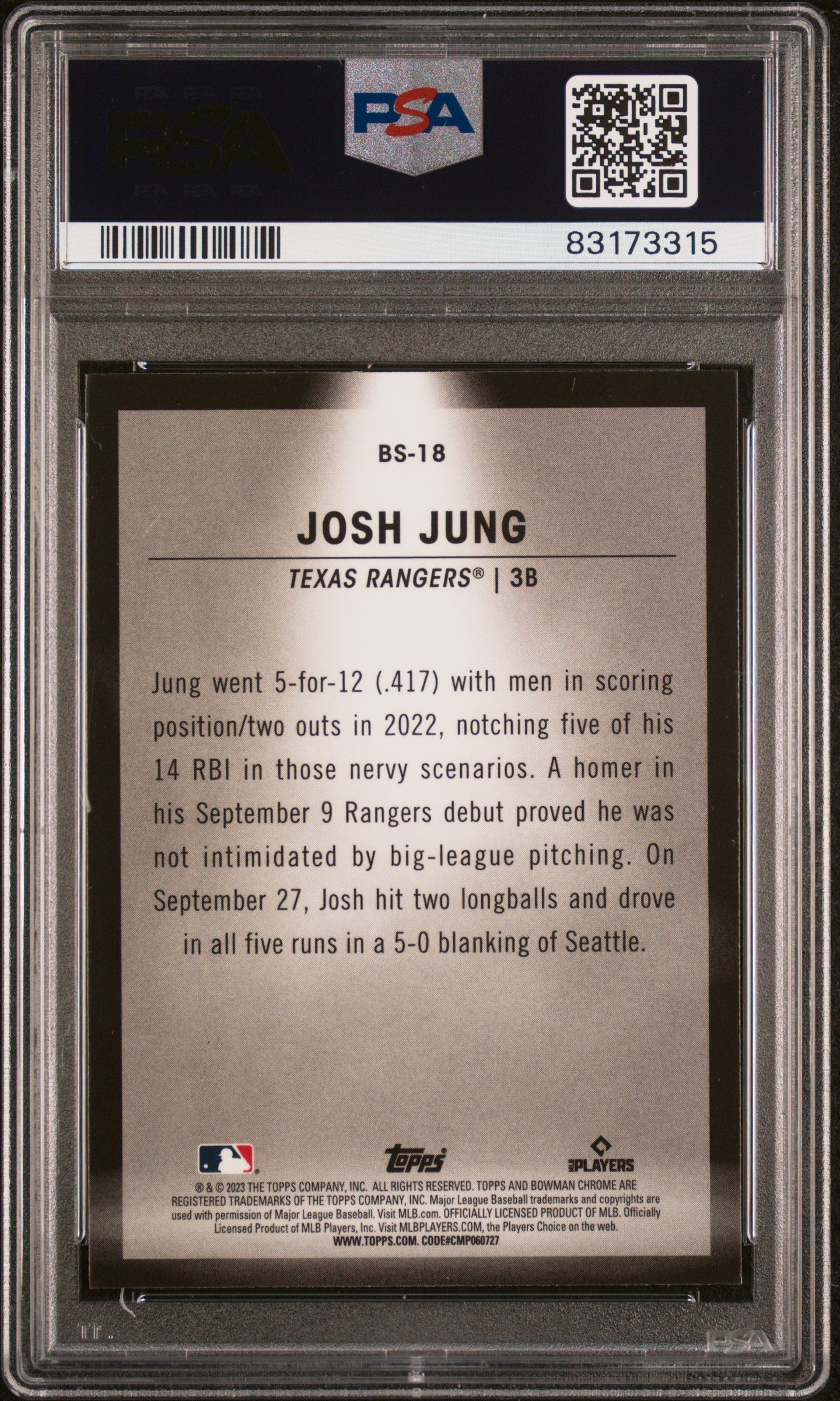 Graded 2023 Topps Bowman Josh Jung #BS18 Spotlights Rookie RC Baseball Card PSA 10 Gem Mint