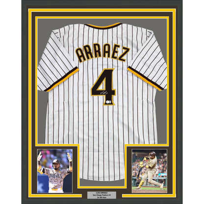 Framed Autographed/Signed Luis Arraez 35x39 San Diego Pinstripe Baseball Jersey Beckett BAS COA