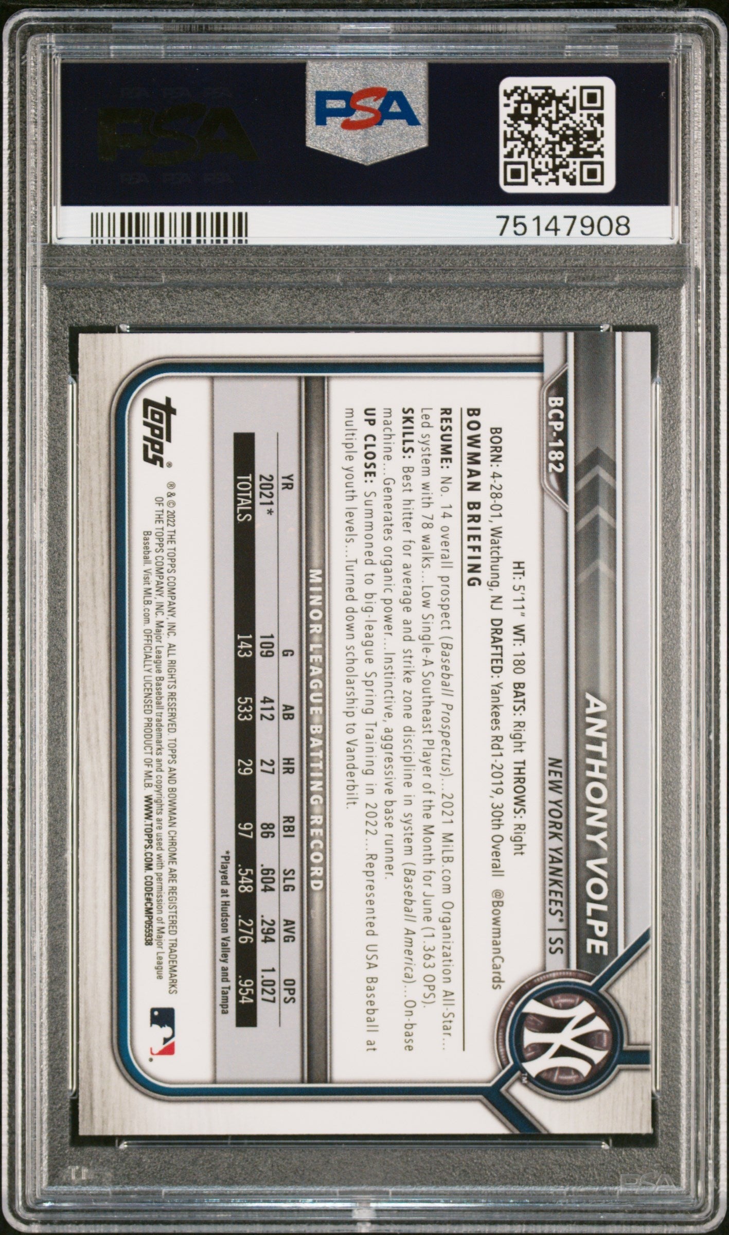 Graded 2022 Topps Bowman Chrome M/B Anthony Volpe #182 Rookie RC Baseball Card PSA 10 Gem Mint