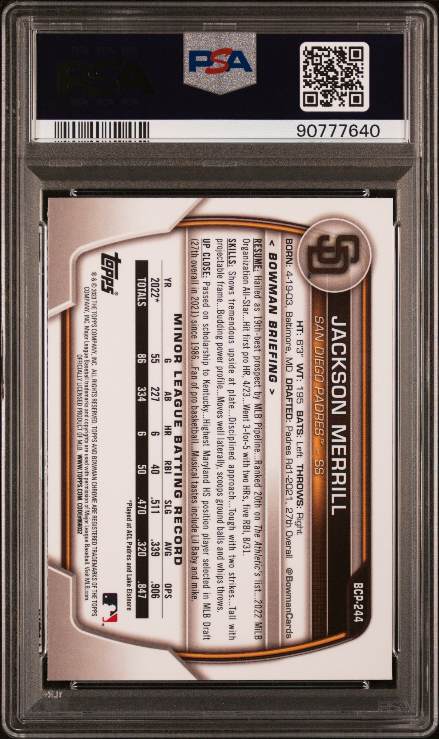 Graded 2023 Topps Bowman Chrome Mega Box Jackson Merrill #244 Rookie RC Baseball Card PSA 10 Gem Mint