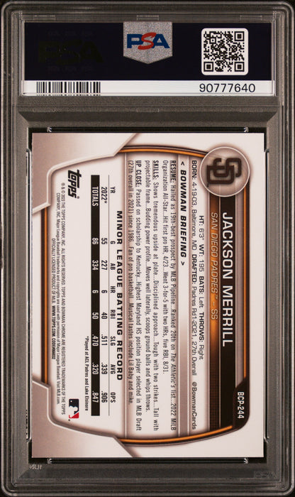 Graded 2023 Topps Bowman Chrome Mega Box Jackson Merrill #244 Rookie RC Baseball Card PSA 10 Gem Mint