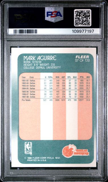 Graded 1988 Fleer Mark Aguirre #27 Basketball Card PSA 8 NM-MT