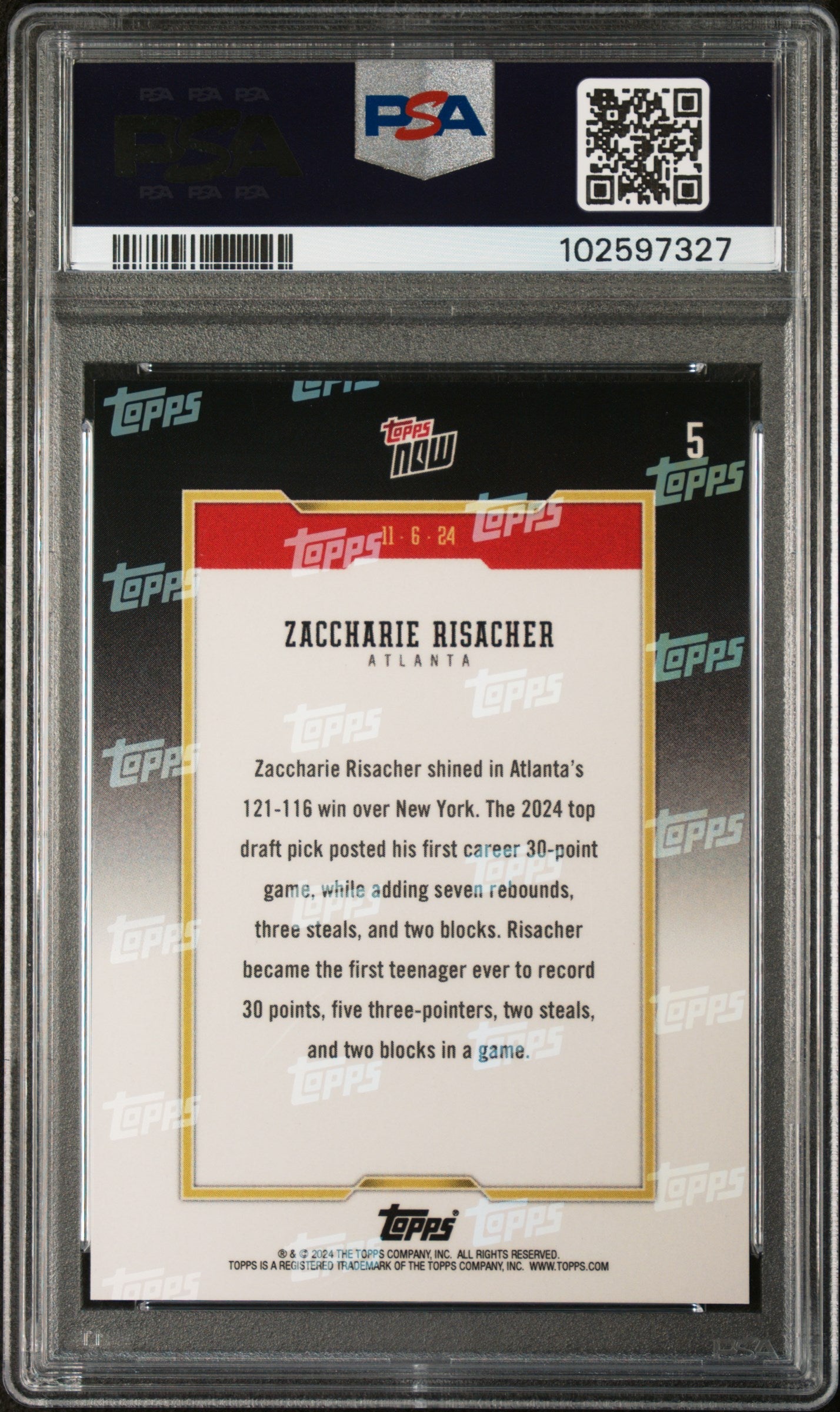 Graded 2024 Topps Now Zaccharie Risacher #5 Rookie RC Basketball Card PSA 9 Near Mint