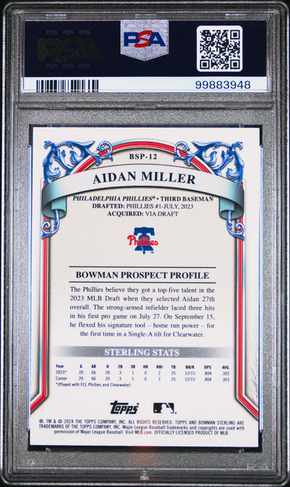 Graded 2024 Topps Bowman Sterling Aidan Miller #BSP12 Prospects Rookie RC Baseball Card PSA 10 Gem Mint