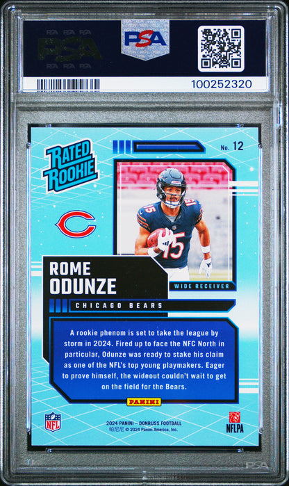 Graded 2024 Panini Donruss Rome Odunze #12 Rated Rookies Retro Rookie RC Football Card PSA 10 Gem Mint