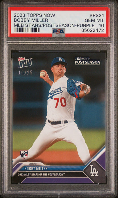 Graded 2023 Topps Now Bobby Miller #PS21 MLB Stars Postseason Purple #/25 Rookie RC Baseball Card PSA 10 Gem Mint