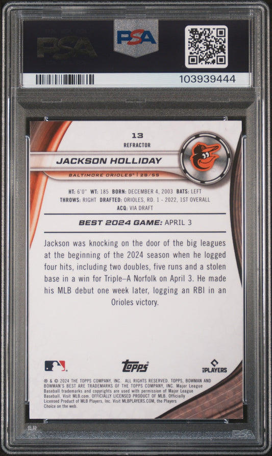 Graded 2024 Topps Bowmans Best Jackson Holliday #13 Refractor Rookie RC Baseball Card PSA 10 Gem Mint