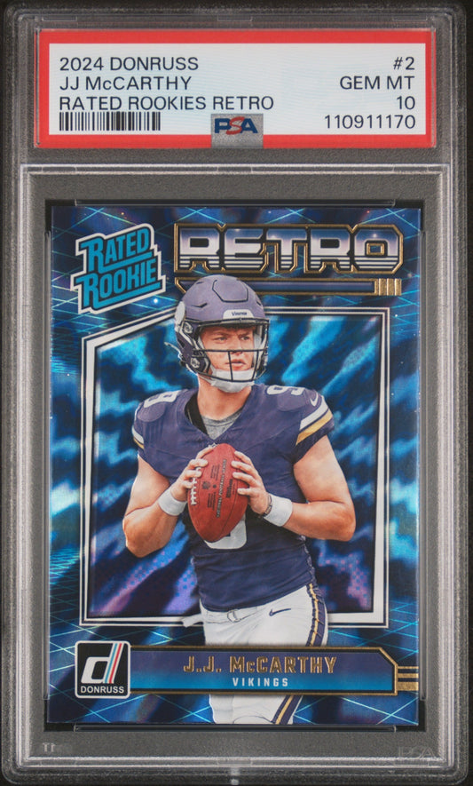Graded 2024 Panini Donruss JJ McCarthy #2 Rated Rookies Retro Rookie RC Football Card PSA 10 Gem Mint