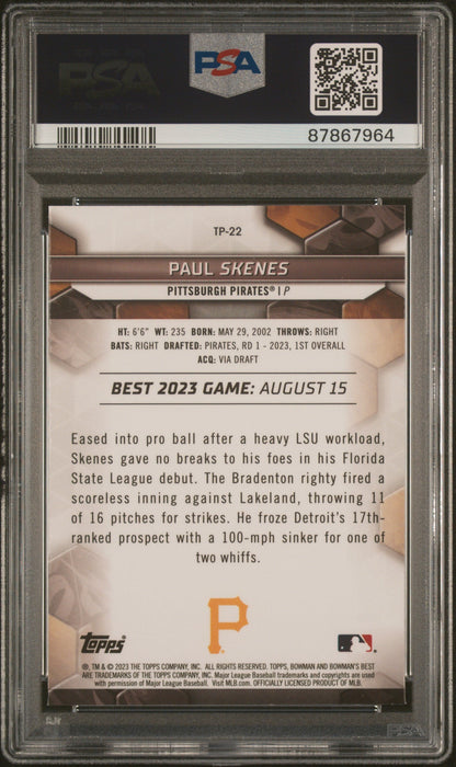 Graded 2023 Topps Bowmans Best Paul Skenes #TP22 Rookie RC Baseball Card PSA 10 Gem Mint
