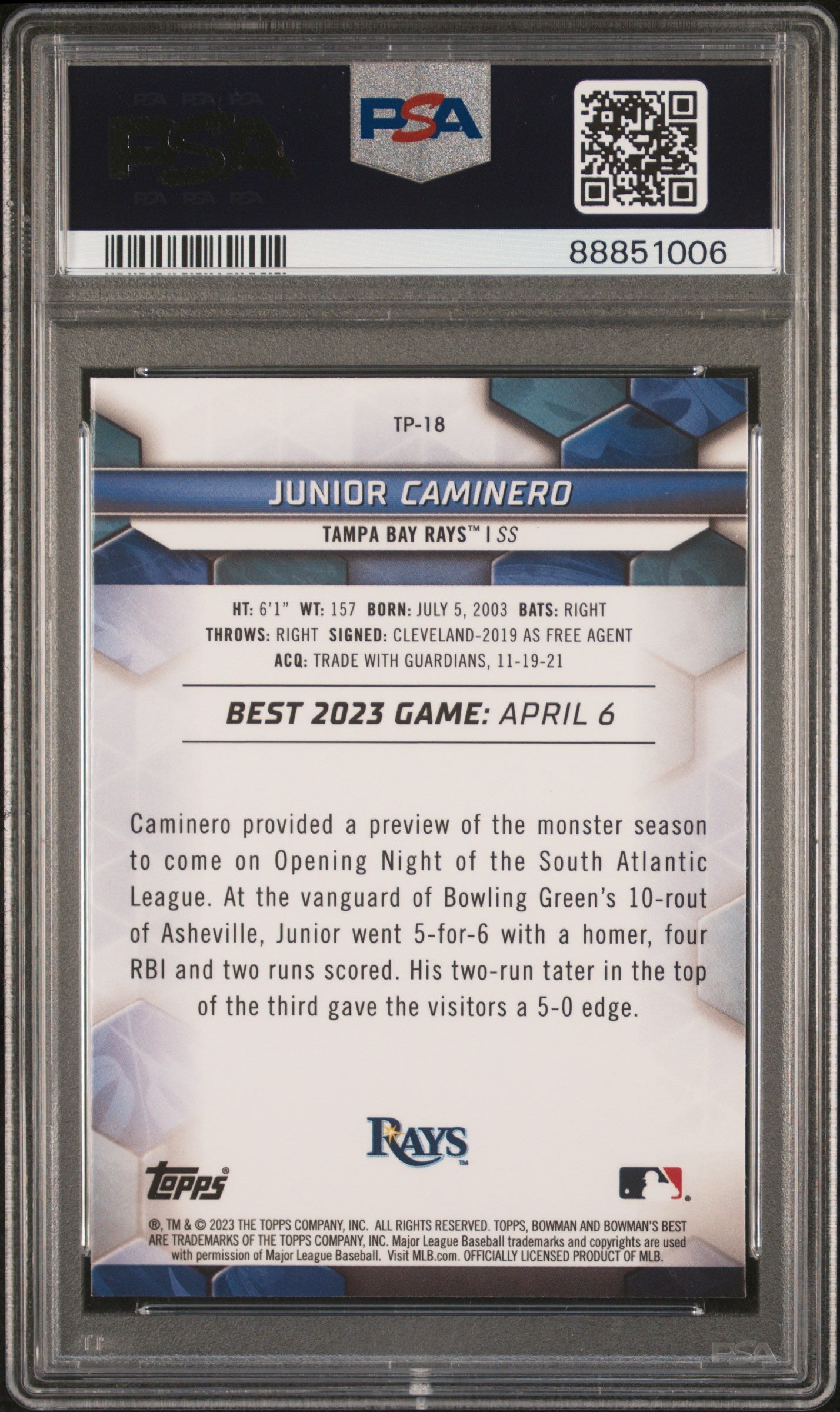 Graded 2023 Topps Bowmans Best Junior Caminero #TP18 Top Prospects Wave Rookie RC Baseball Card PSA 10 Gem Mint