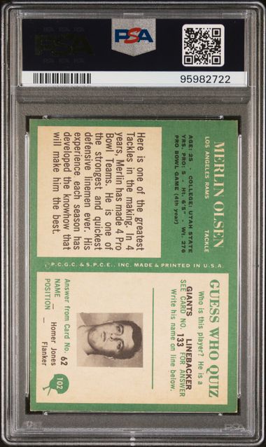 Graded 1966 Philadelphia Merlin Olsen #102 Football Card PSA 6 EX-MT