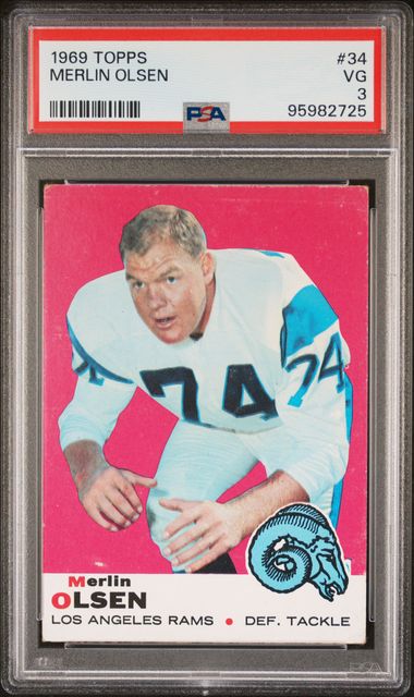 Graded 1969 Topps Merlin Olsen #34 Football Card PSA 3 Very Good