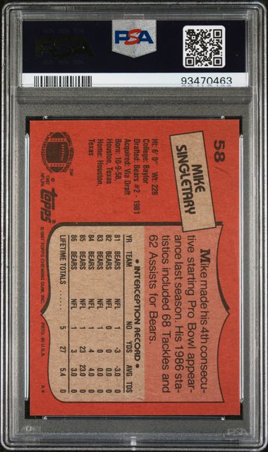 Graded 1987 Topps Mike Singletary #58 Football Card PSA 9 Mint
