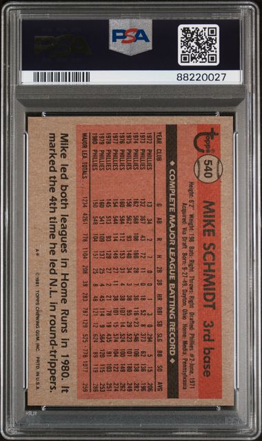 Graded 1981 Topps Mike Schmidt #540 Baseball Card PSA 9 Mint