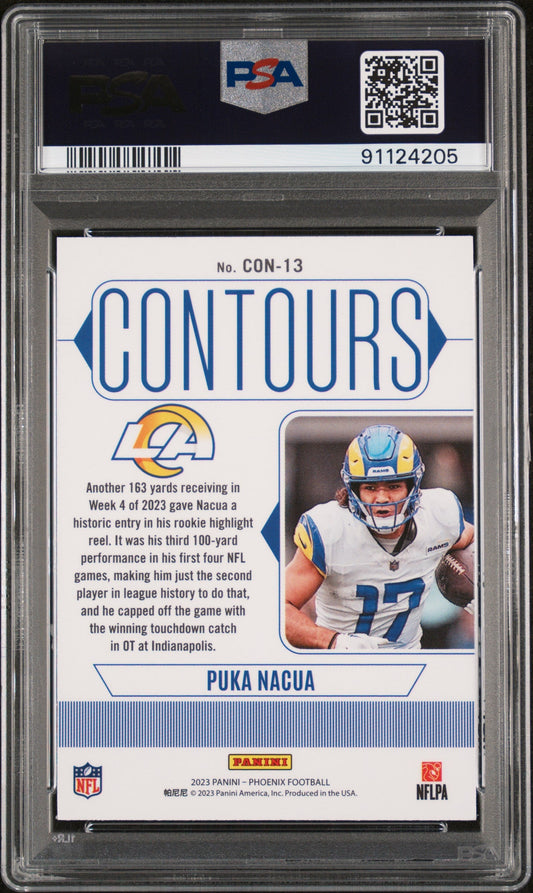 Graded 2023 Panini Phoenix Puka Nacua #CON13 Contours Rookie RC Football Card PSA 10 Gem Mint