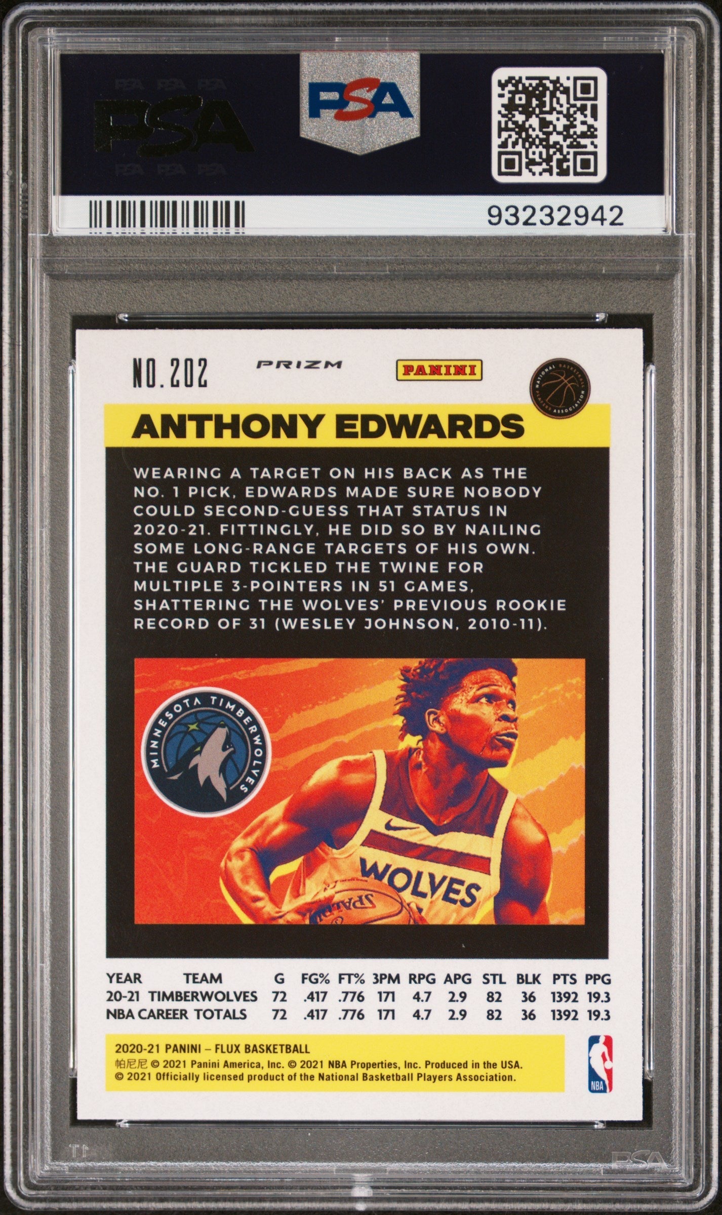 Graded 2020 Panini Flux Anthony Edwards #202 Fanatics Cracked Ice Rookie RC Basketball Card PSA 10 Gem Mint