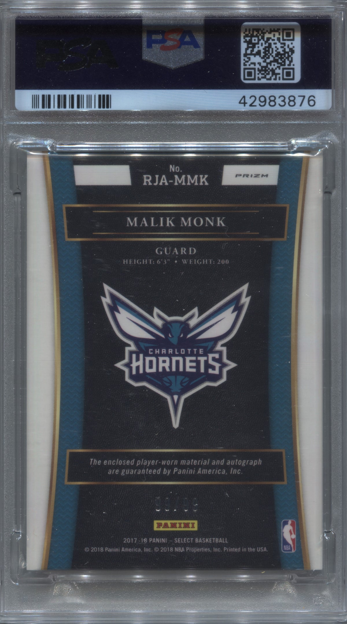 2017-18 Panini Select Malik Monk Purple Rookie Jersey Auto /99 #RJA-MMK PSA 10
