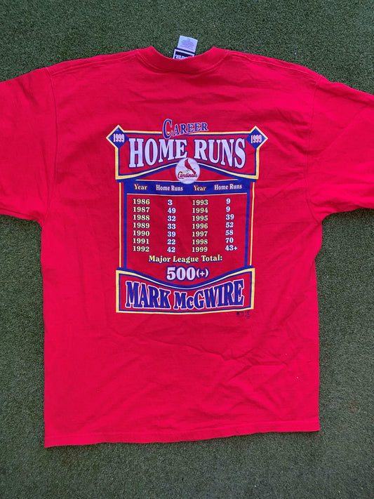 1999 Mark Mcgwire - 500+ Career Home Runs - Double Sided - Vintage MLB Player Tee Shirt (Large) - Gametime Vintage