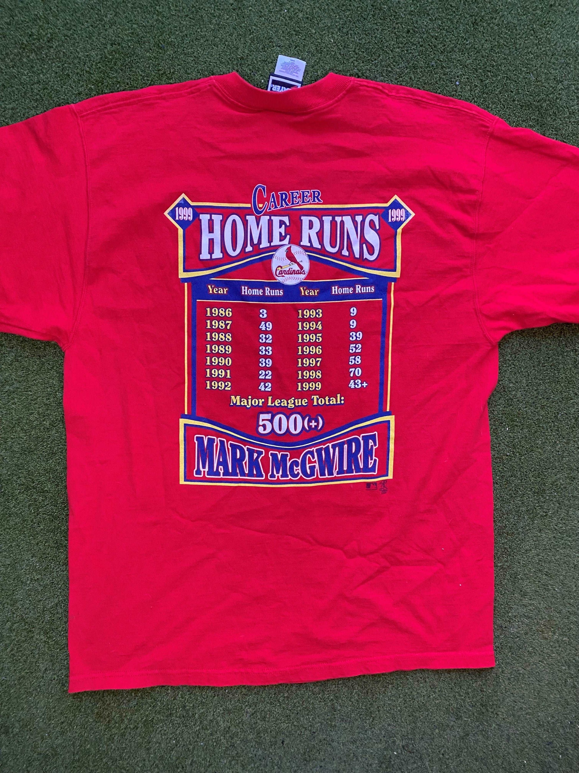 1999 Mark Mcgwire - 500+ Career Home Runs - Double Sided - Vintage MLB Player Tee Shirt (Large)